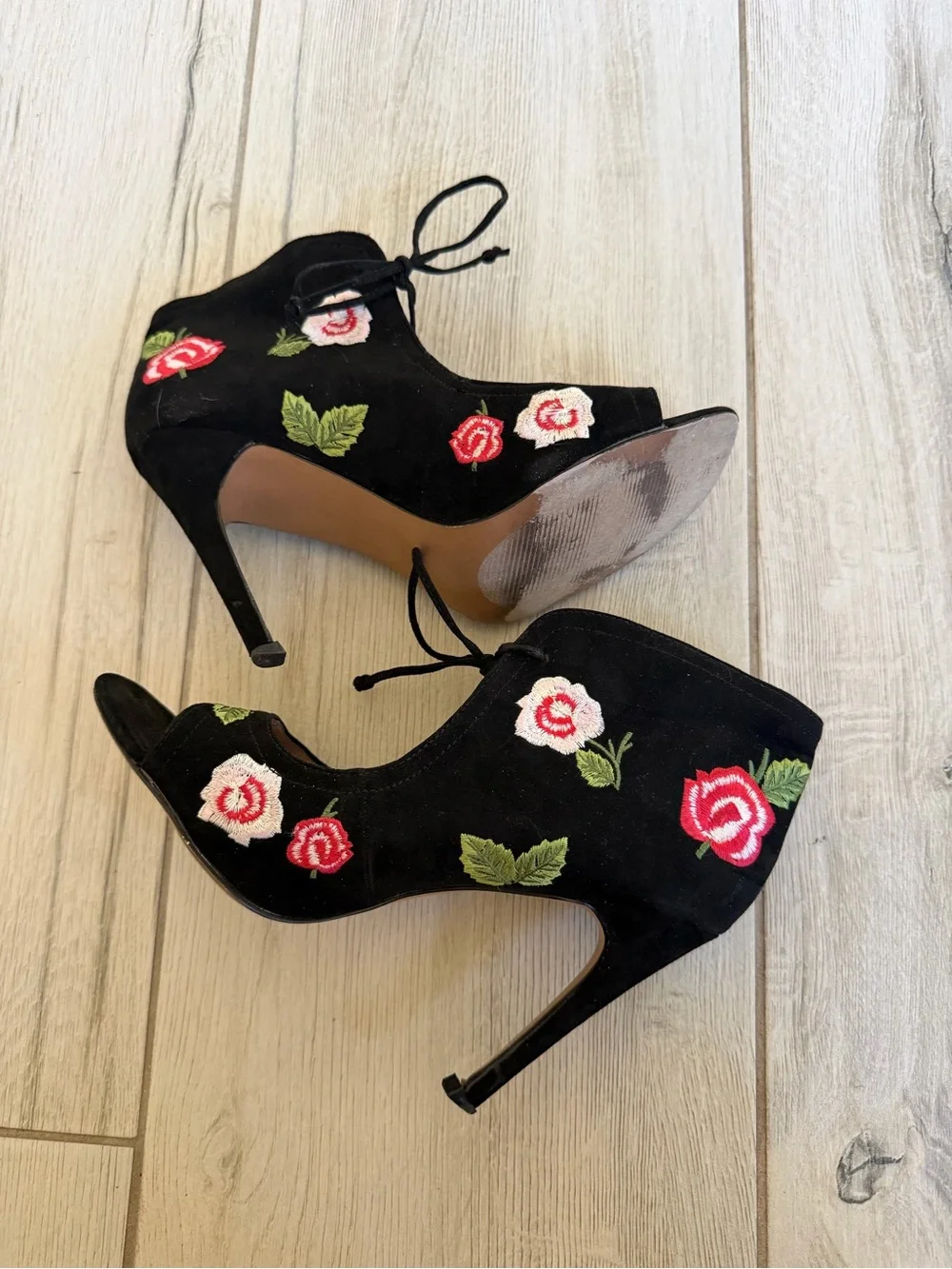 Black Rose Embroidered Peep-Toe Heel with Ankle Tie